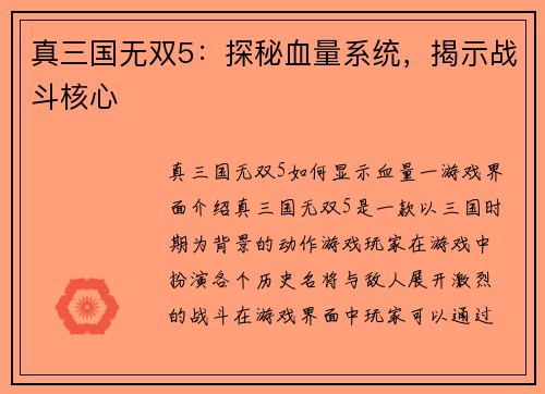 真三国无双5：探秘血量系统，揭示战斗核心