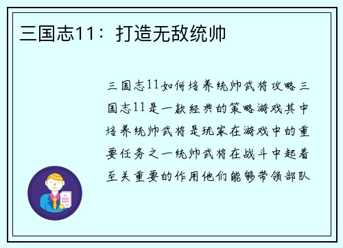 三国志11:打造无敌统帅